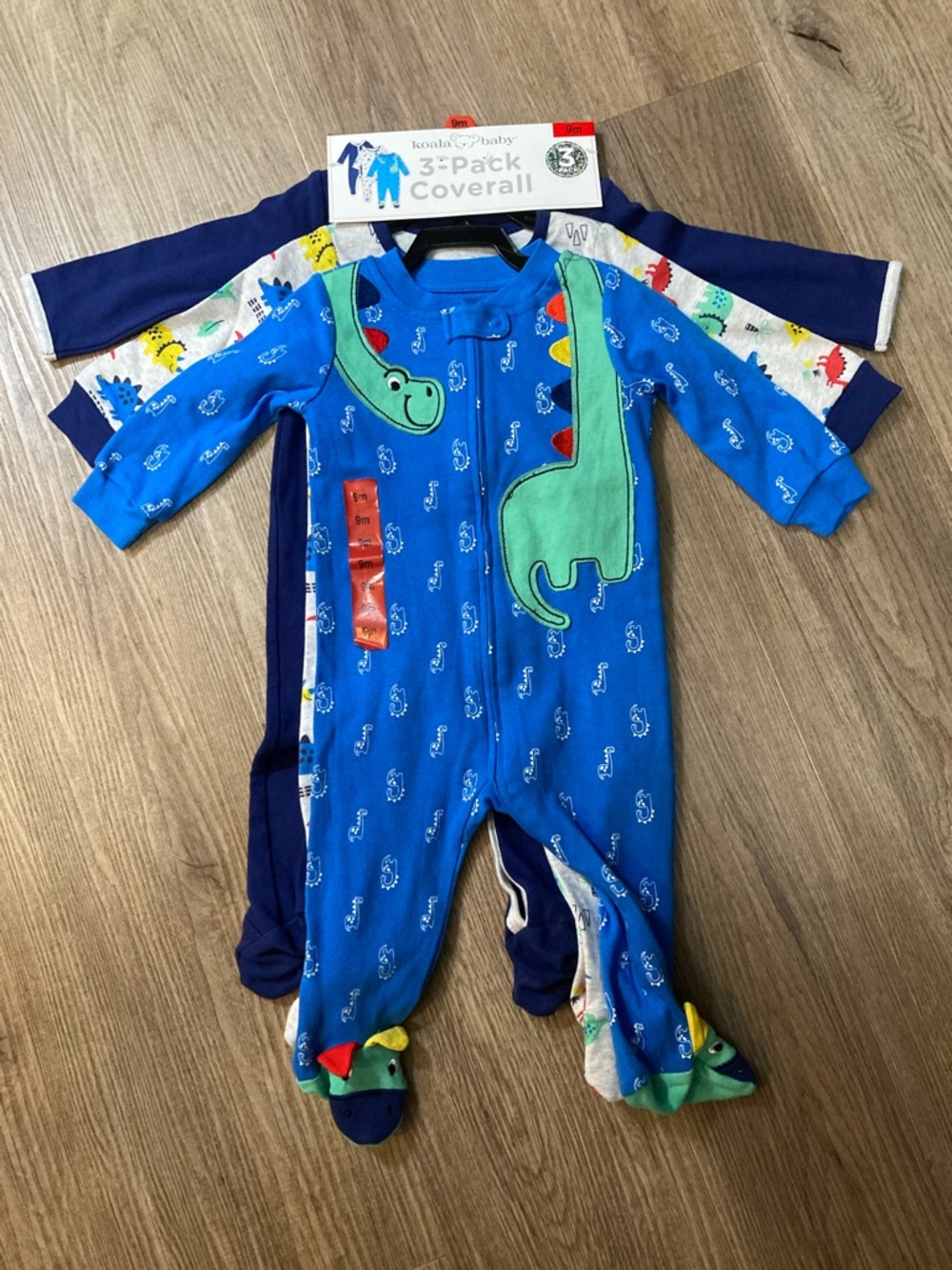 Koala Baby Blue Dino 3-Pack Coveralls - Soft Footed Pajama Set
